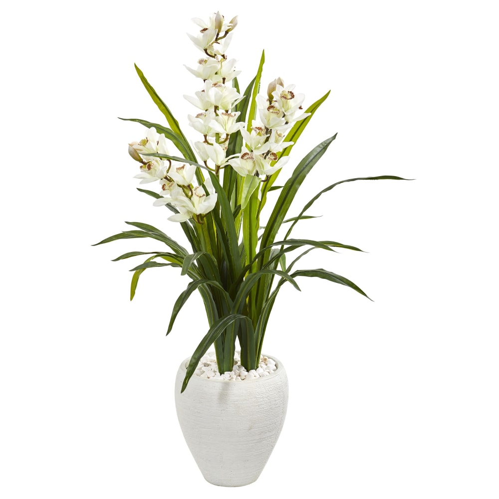 Nearly Natural 4ftH Cymbidium Orchid Artificial Plant With Planter, 4ftH x 30inW x 30inD, White/Green MPN:9444