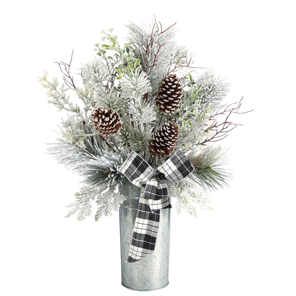 Nearly Natural 28inH Frosted Greenery And Pine Cone Artificial Christmas Arrangement With Plaid Bow And Decorative Tin, 28inH x 13inW x 10inD, Silver MPN:A1848
