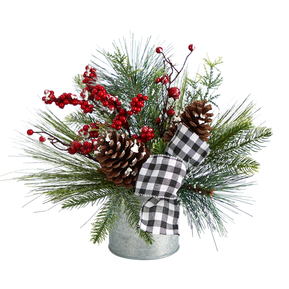 Nearly Natural 12inH Frosted Pine Cones And Berries Artificial Arrangement With Vase And Decorative Plaid Bow, 12inH x 10inW x 8inD, Green/Silver MPN:A1851