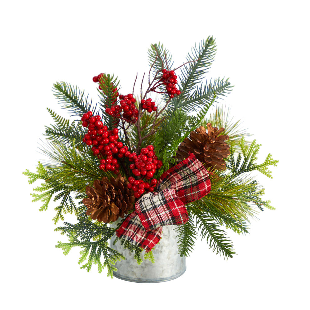 Nearly Natural Holiday Winter 12inH Pine Cones, Berries, Greenery And Plaid Bow Artificial Christmas Arrangement, 12inH x 10inW x 8inD, Green/Silver MPN:A1852