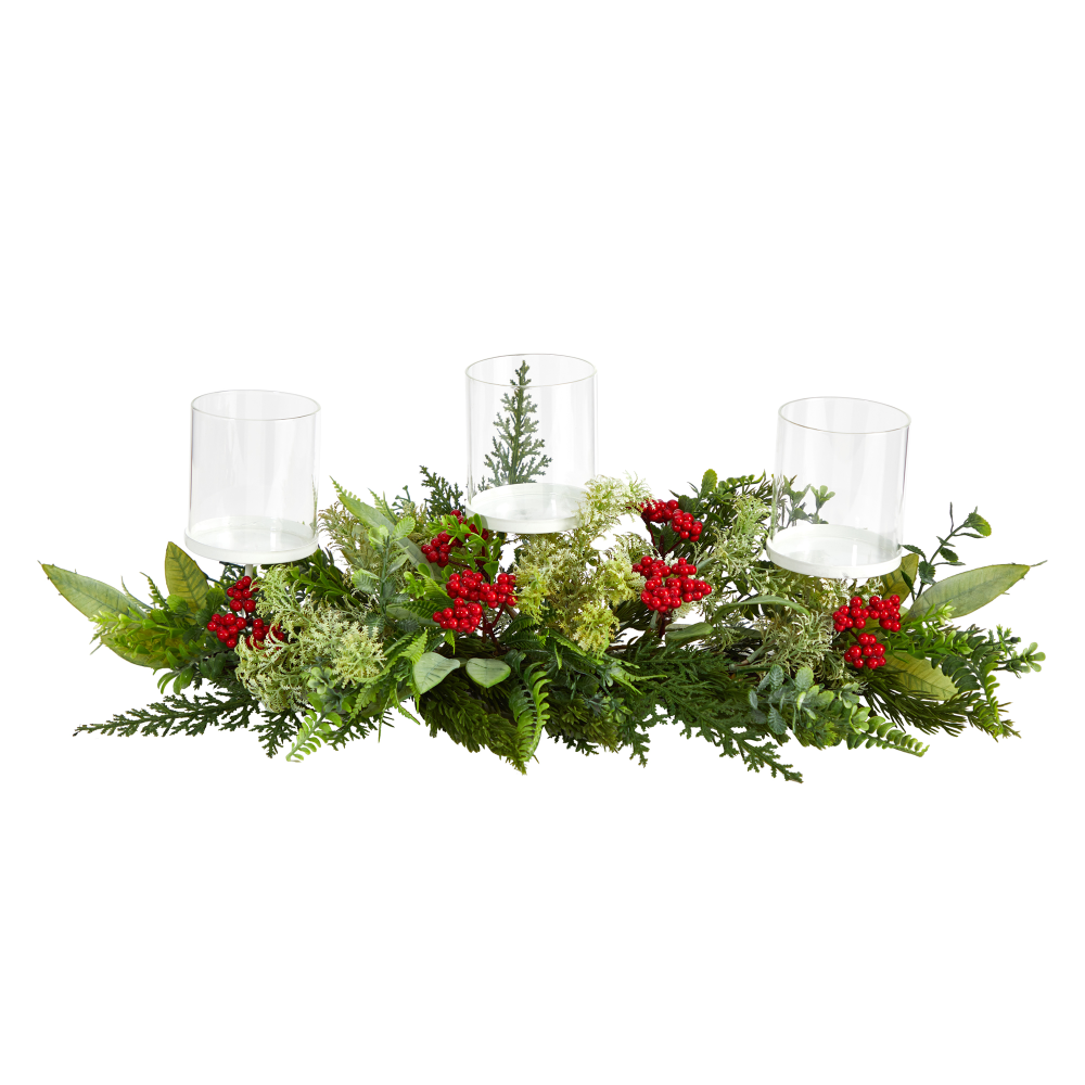 Nearly Natural 5inH Holiday Winter Greenery And Berries Triple Candle Holder Artificial Christmas Table Arrangement, 5inH x 20inW x 4inD, Clear/Green/Red MPN:A1866