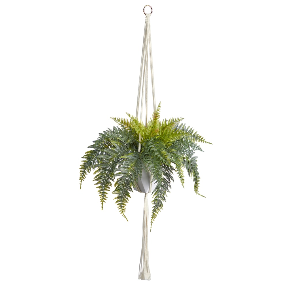 Nearly Natural Hanging Fern 25inH Artificial Plant With Decorative Basket, 25inH x 16inW x 12inD, Green/White MPN:P1805