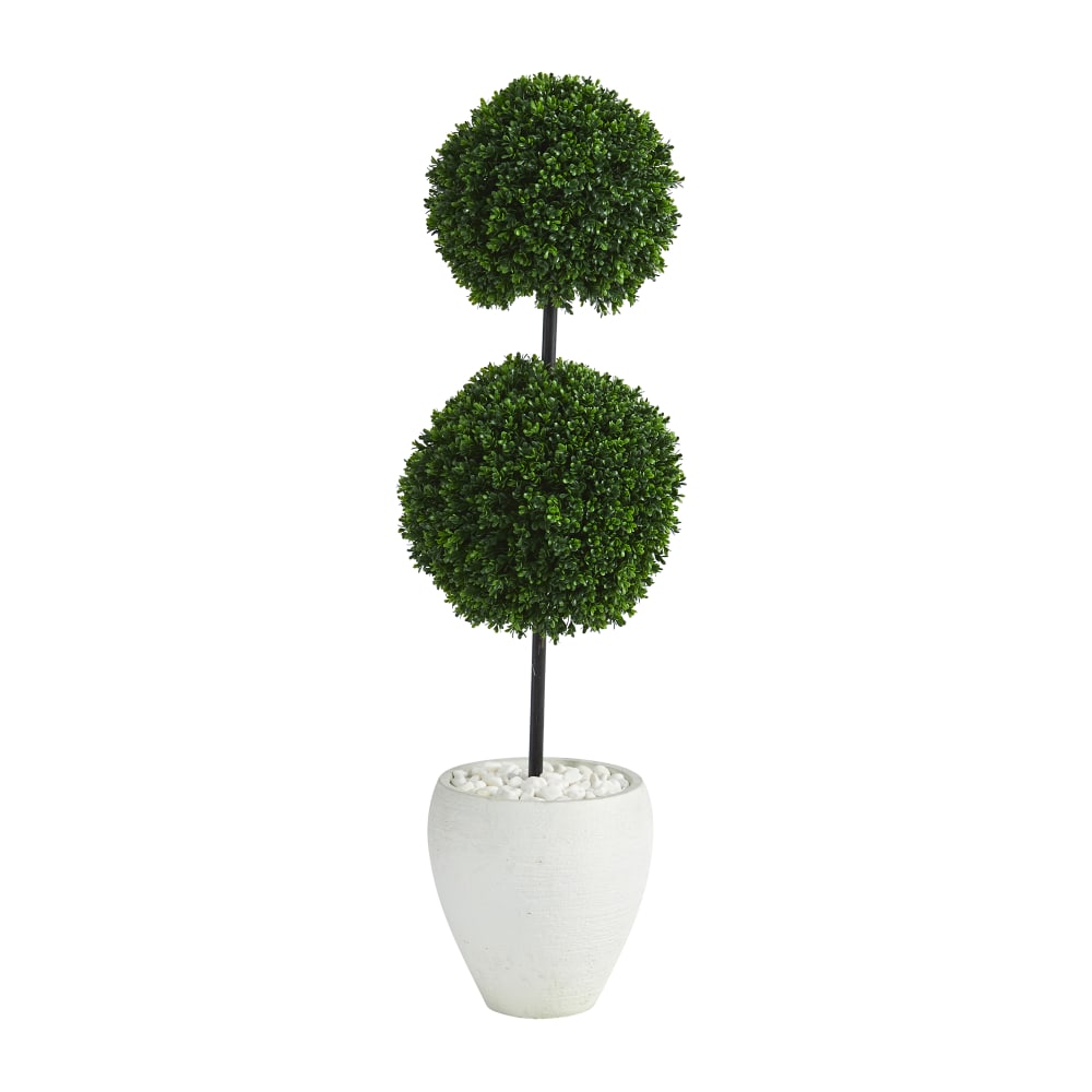 Nearly Natural Boxwood Double Ball Topiary 4'H Artificial Tree With Planter, 48inH x 10inW x 10inD, Green/White MPN:T1282