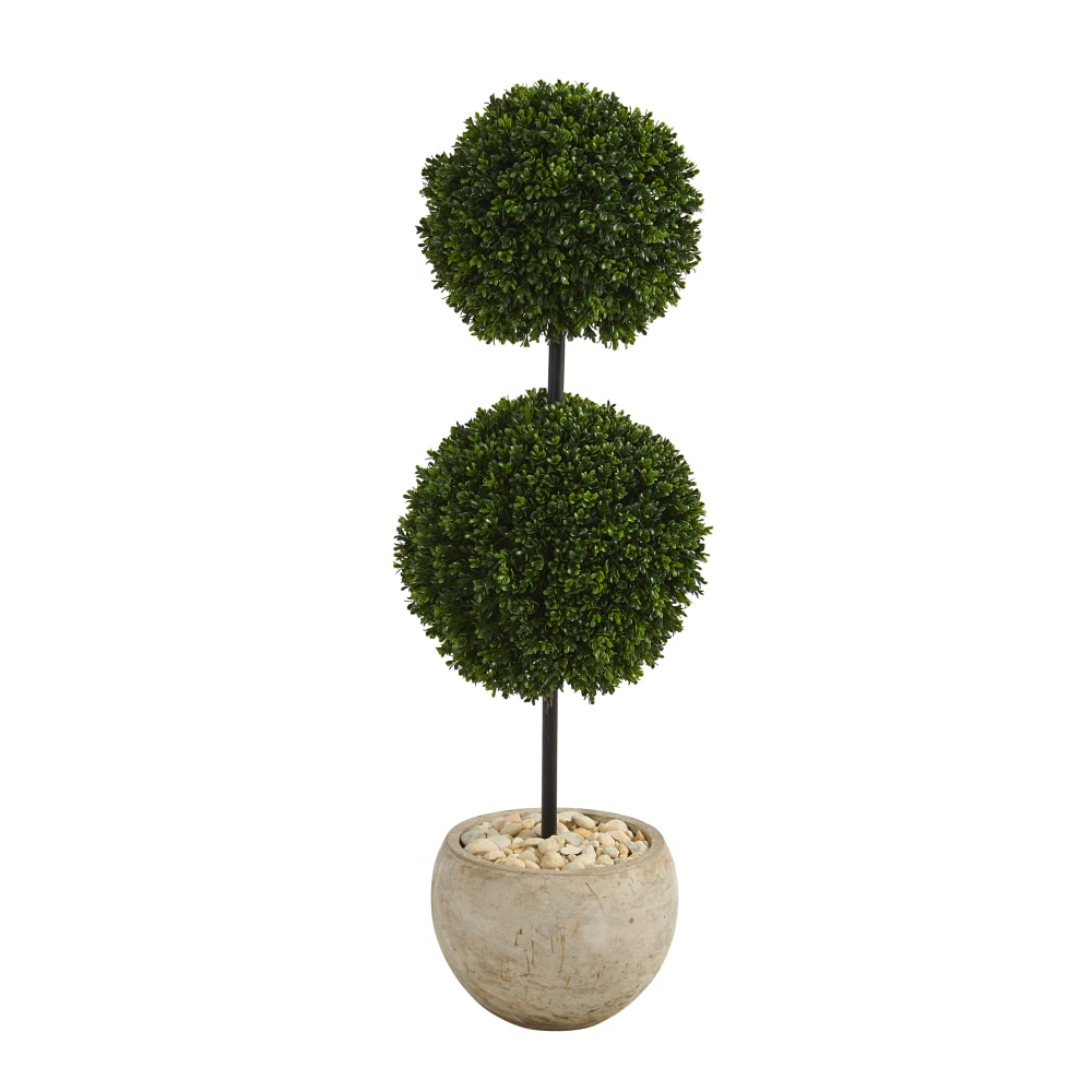 Nearly Natural Boxwood Double Ball Topiary 45inH Artificial Tree With Planter, 45inH x 10inW x 10inD, Green/Sand MPN:T1283
