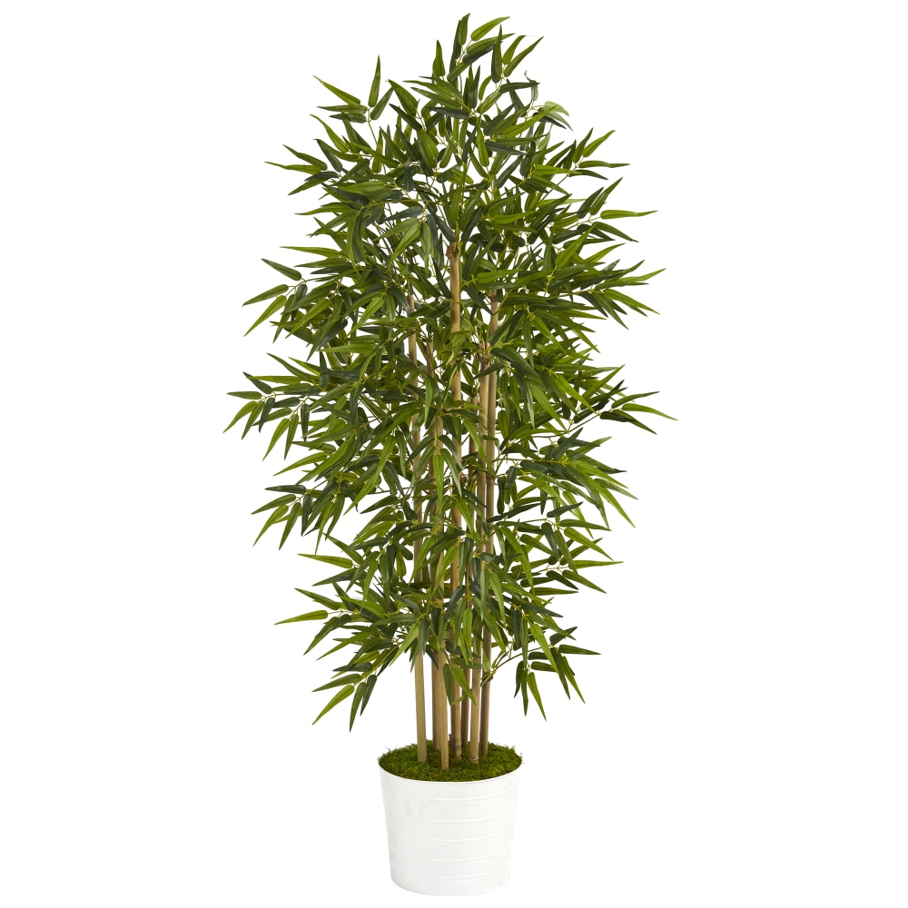 Nearly Natural Bamboo Tree 64inH Plastic Artificial Plant With Tin Planter, 64inH x 10inW x 10inD, Green/White MPN:T1306