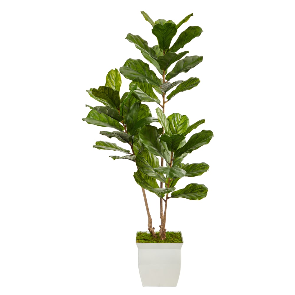 Nearly Natural Fiddle Leaf 66inH Artificial Tree With Metal Planter, 66inH x 24inW x 20inD, Green/White MPN:T2487
