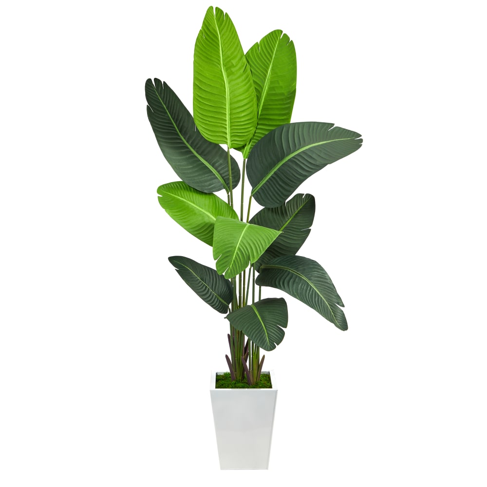 Nearly Natural Traveler's Palm 66inH Artificial Plant With Metal Planter, 66inH x 30inW x 25inD, Green/White MPN:T2509