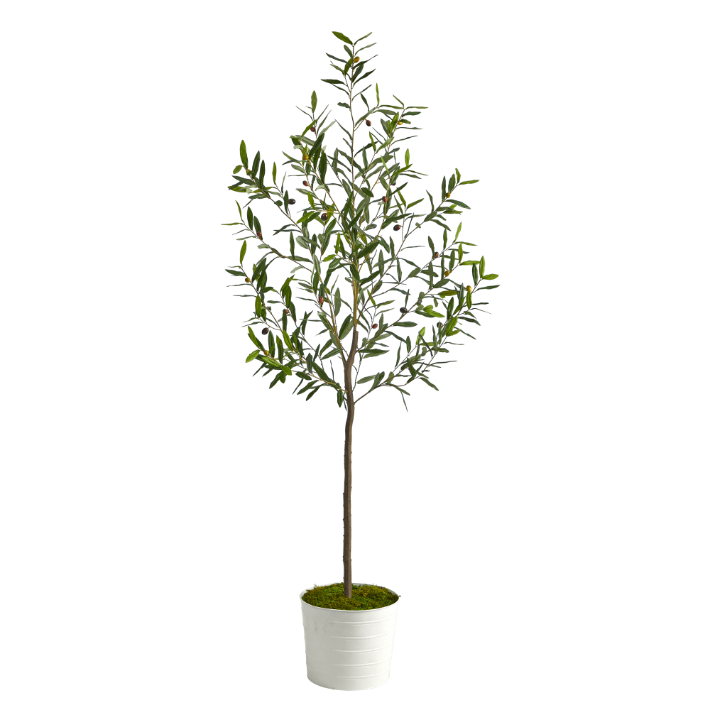 Nearly Natural Olive 74inH Artificial Tree With Metal Planter, 74inH x 26inW x 26inD, Green/White MPN:T2555