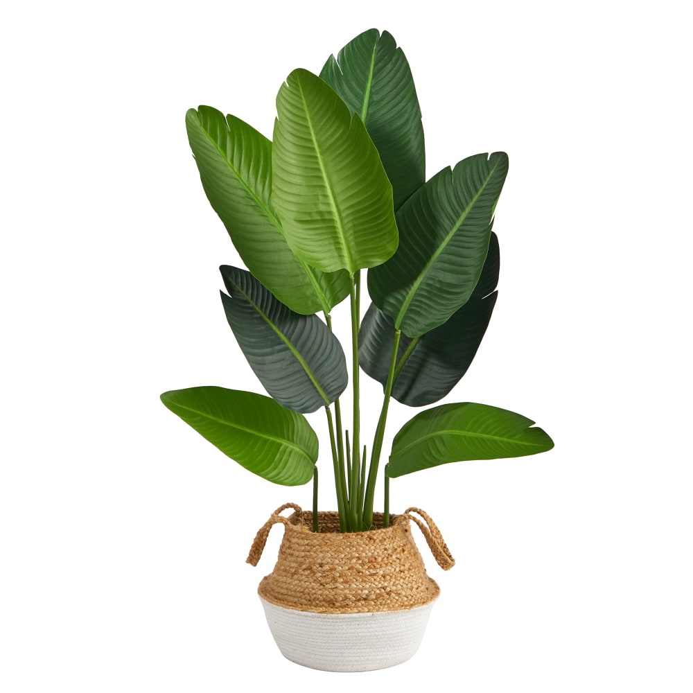 Nearly Natural Traveler's Palm 48inH Artificial Plant With Handmade Woven Planter, 48inH x 8inW x 8inD, Green/Brown/White MPN:T2939