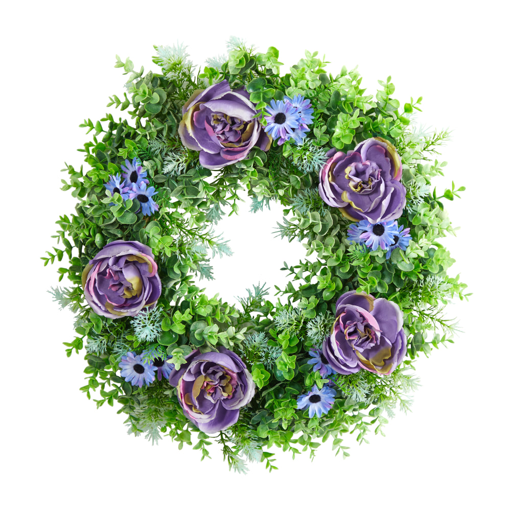 Nearly Natural Rose, Daisy and Greens 22inH Artificial Wreath, 22inH x 22inW x 5inD, Purple MPN:W1167