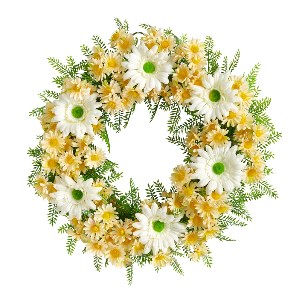 Nearly Natural Mixed Daisy 21inH Artificial Wreath, White MPN:W1169