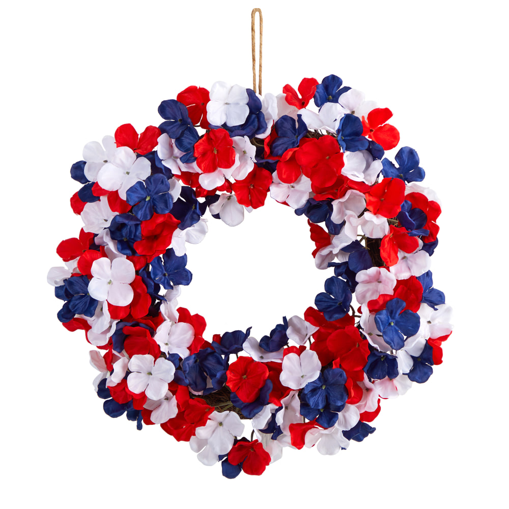Nearly Natural Americana Patriotic Hydrangea 18inH Artificial Wreath, 18inH x 18inW x 4inD, Red/White/Blue MPN:W1211