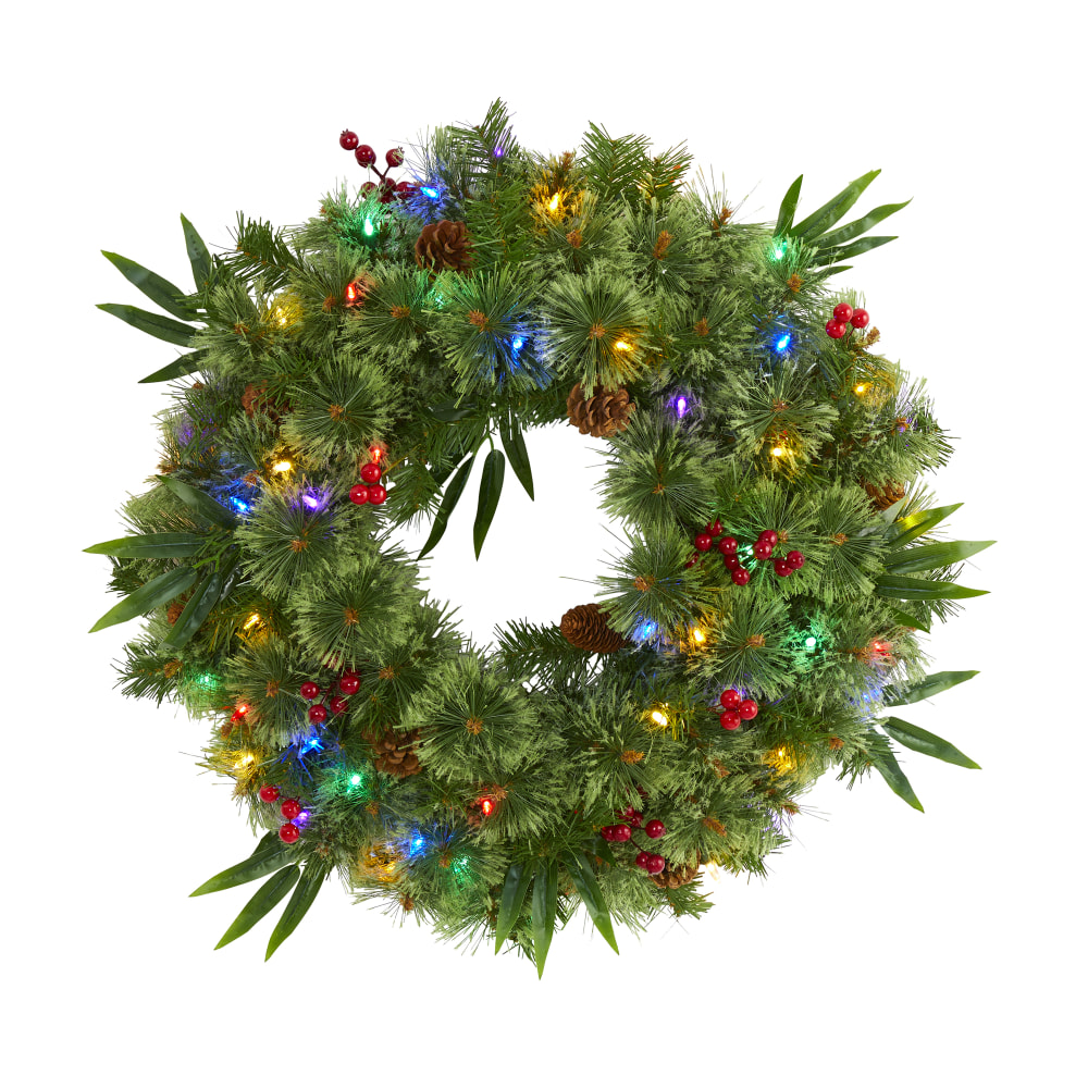 Nearly Natural 24inH Mixed Pine Artificial Christmas Wreath With 50 Multicolor LED Lights, Berries And Pine Cones, 24in x 5in, Green MPN:4454