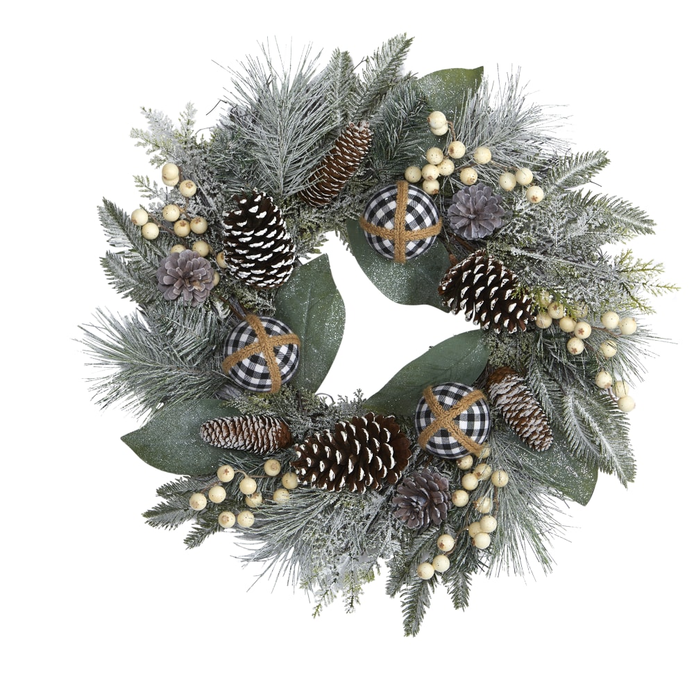 Nearly Natural Snow-Tipped Holiday 24inH Artificial Wreath With Berries, Pine Cones and Ornaments, 24in x 5in, Green MPN:4609