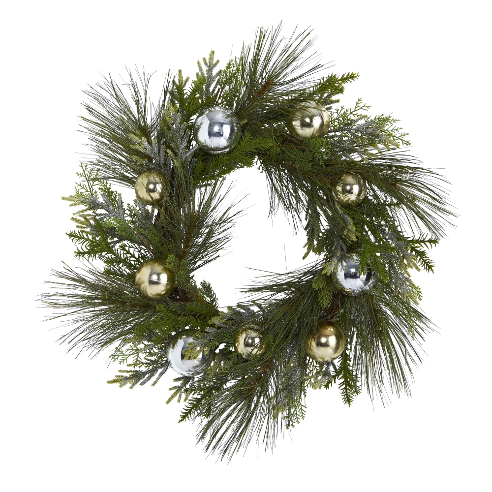 Nearly Natural 26inH Sparkling Pine Christmas Wreath With Decorative Ornaments, 26in x 5in, Green MPN:4619