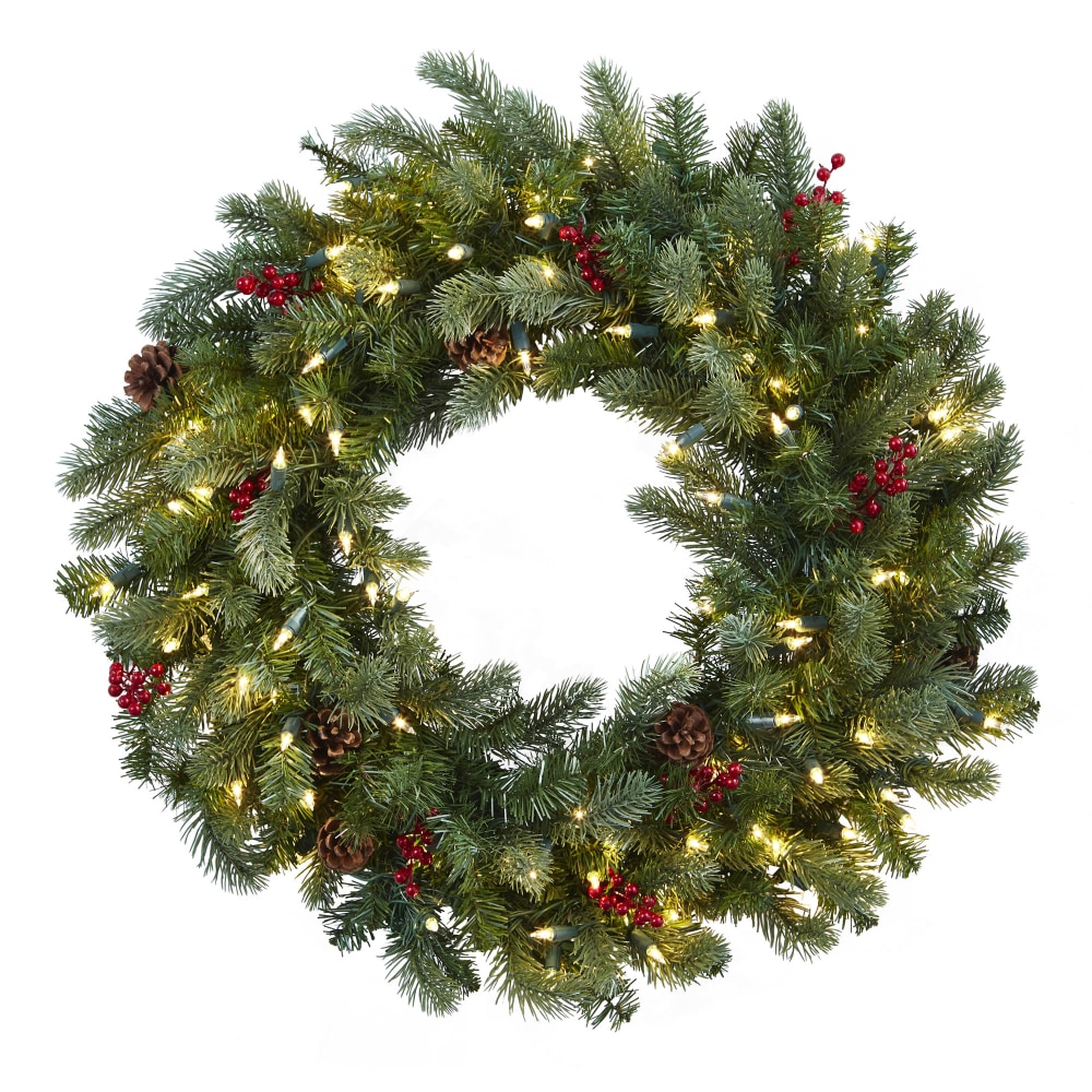 Nearly Natural 30inH Lighted Pine Wreath With Berries And Pine Cones, 30in x 3in, Green MPN:4860