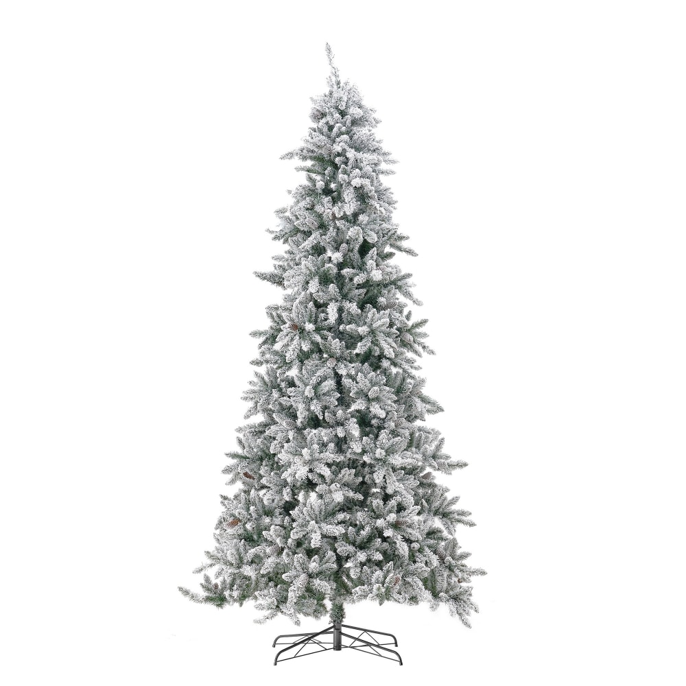 Nearly Natural Flocked Livingston Fir 120inH Artificial Christmas Tree With Pine Cones, LED Lights And Bendable Branches, 120inH x 30inW x 30inD, Green MPN:T4536