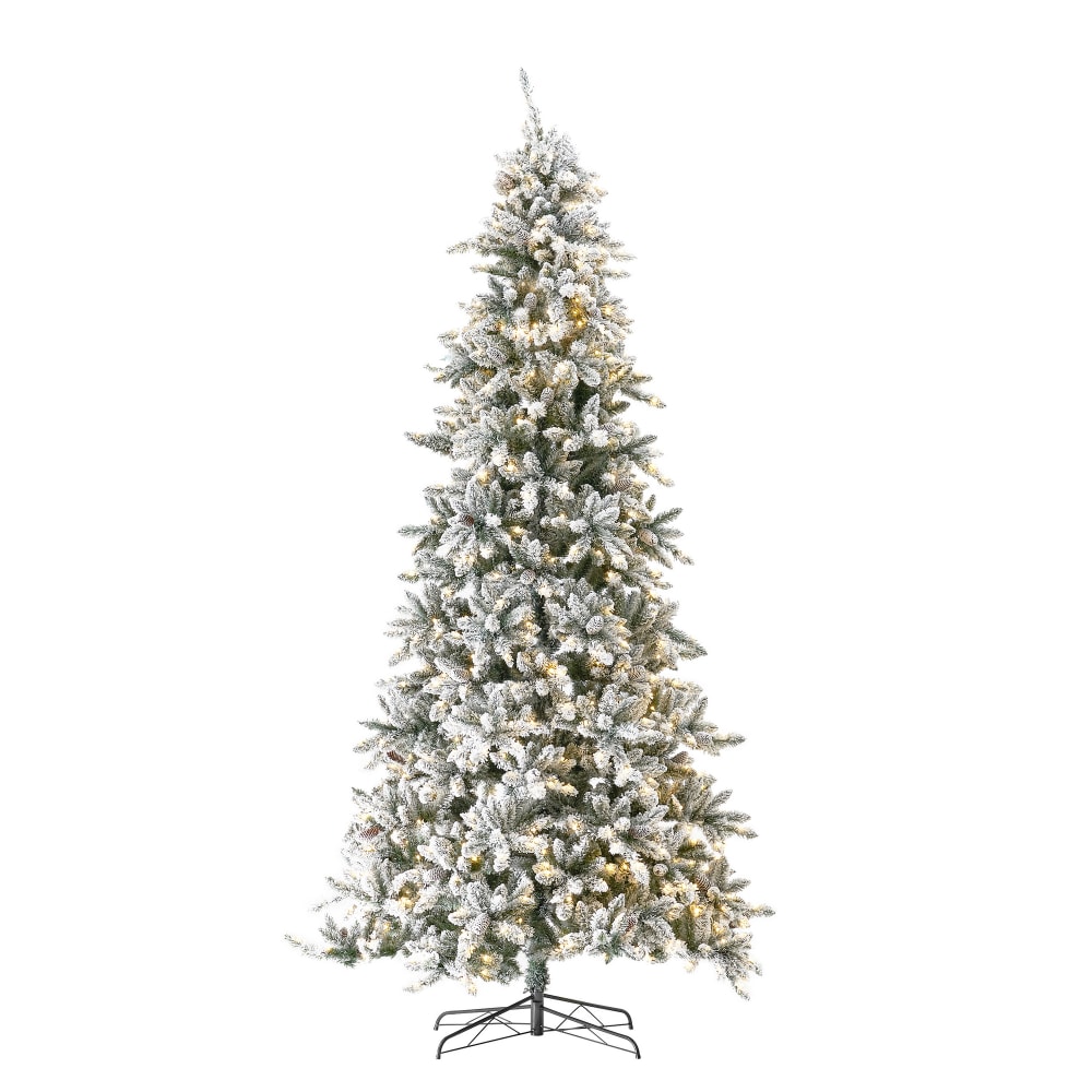 Nearly Natural Flocked Livingston Fir 132inH Artificial Christmas Tree With Pine Cones, LED Lights And Bendable Branches, 132inH x 34inW x 34inD, Green MPN:T4537