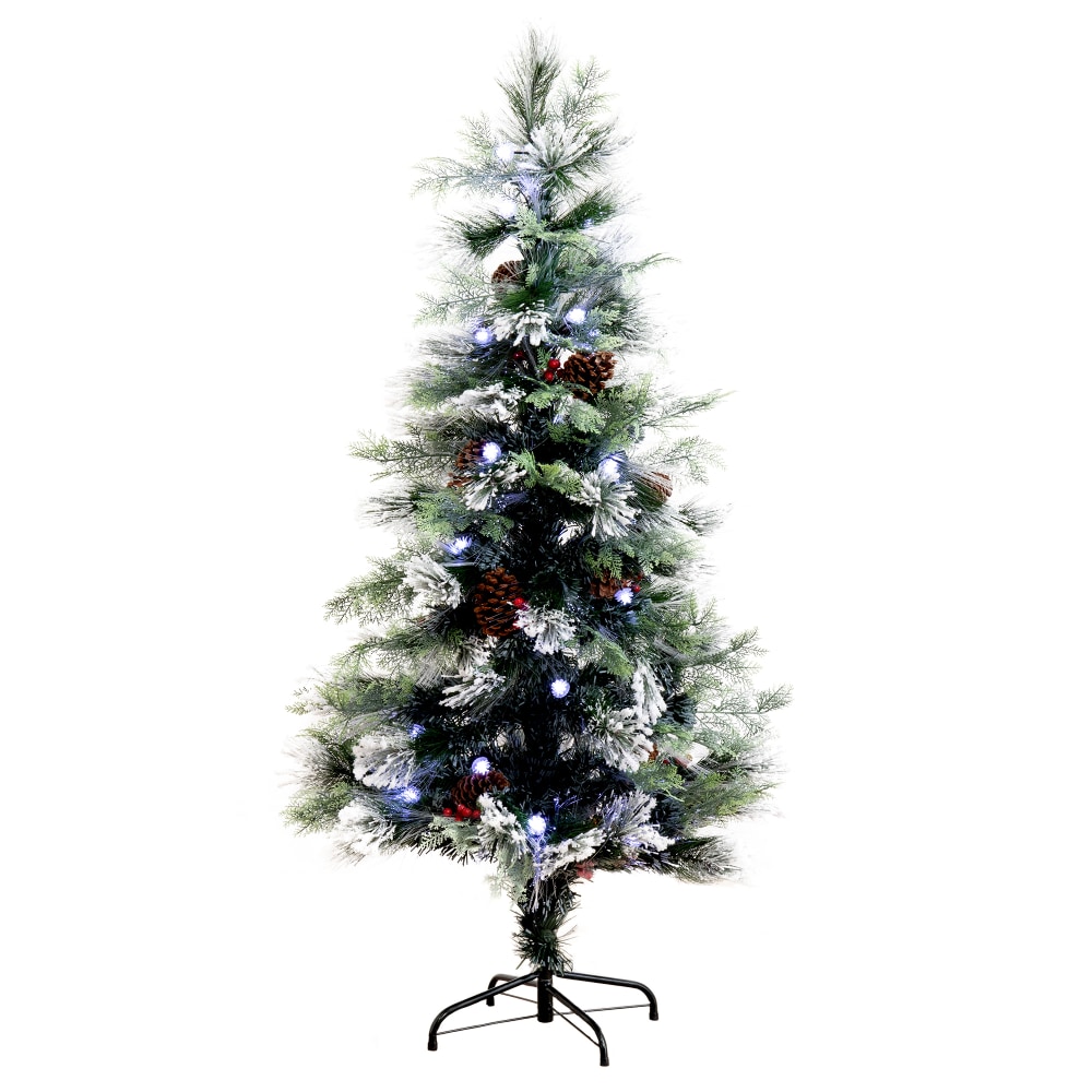 Nearly Natural Flocked Pine 60inH Artificial Fiber Optic Christmas Tree With Pinecones, Berries And LED Lights, 60inH x 33inW x 33inD, Green MPN:T4572