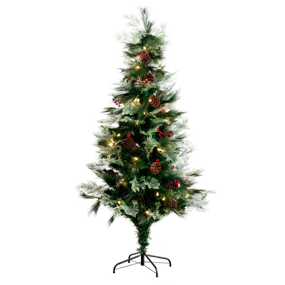 Nearly Natural Pine 72inH Artificial Fiber Optic Christmas Tree With Pinecones, Berries And LED Lights, 72inH x 35inW x 35inD, Green MPN:T4573