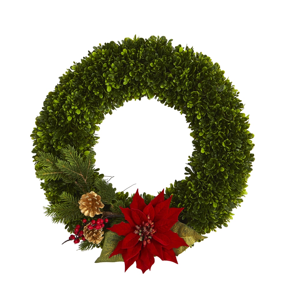 Nearly Natural Tea Leaf, Poinsettia And Pine Artificial Wreath, 18in x 4in, Green MPN:W1001