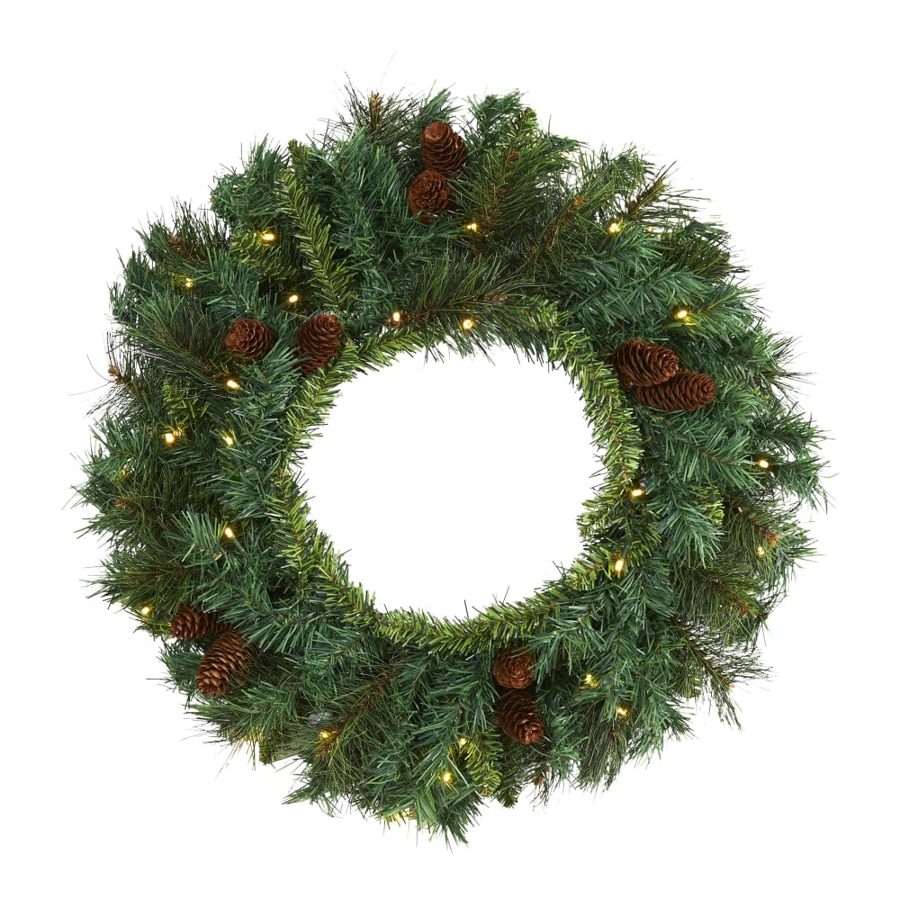 Nearly Natural Mixed Pine And Pinecone Artificial Christmas Wreath With 35 Warm LED Lights, 20in x 4in, Green MPN:W1111
