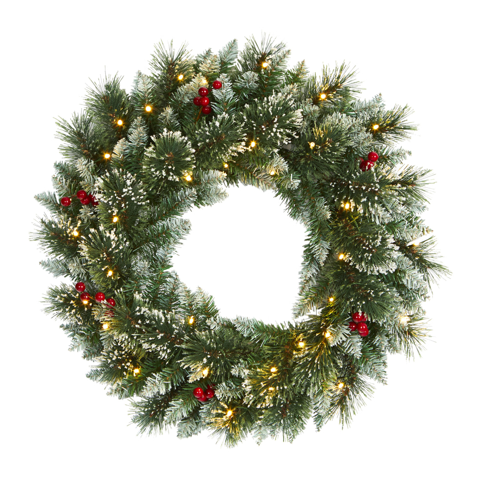 Nearly Natural 24inH Frosted Swiss Pine Artificial Wreath With 35 LED Lights And Berries, 24in x 5in, Green MPN:W1113