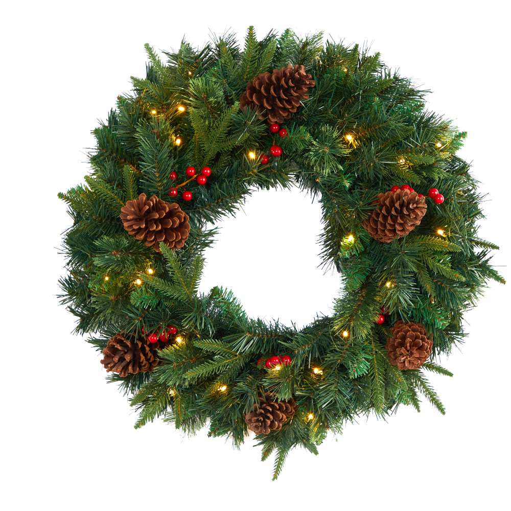 Nearly Natural 24inH Mixed Pine Artificial Christmas Wreath With 35 LED Lights And Berries, 24in x 5in, Green MPN:W1117