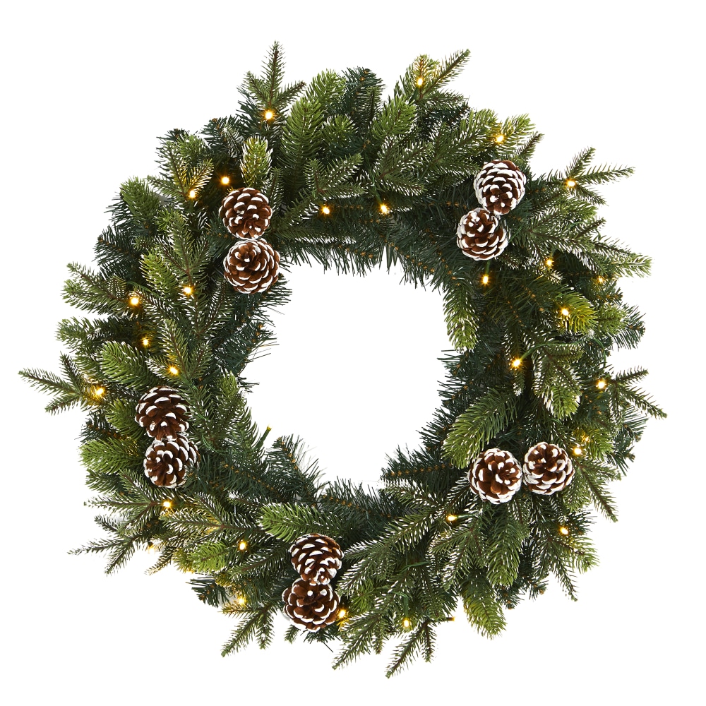 Nearly Natural 24inH Snowed Pine Cone Artificial Christmas Wreath With 35 LED Lights, 24in x 5in, Green MPN:W1118