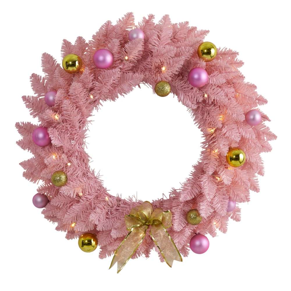 Nearly Natural 24in Artificial Christmas Wreath With 35 LED Lights And Ornaments, 24in x 4in, Pink MPN:W1119