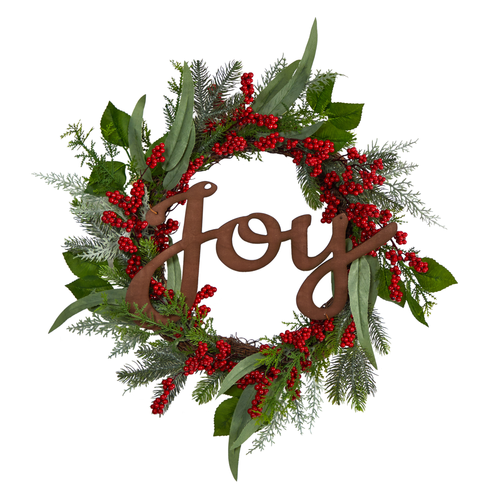 Nearly Natural Joy And Berries 24inH Evergreen Artificial Christmas Wreath, 24in x 4in, Green MPN:W1264