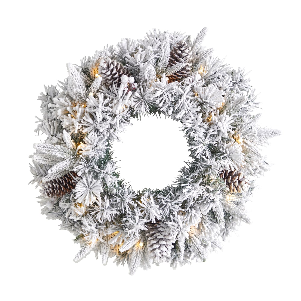 Nearly Natural Flocked Artificial Christmas Wreath With 35 Warm LED Lights, 20in x 5in, White MPN:W1304