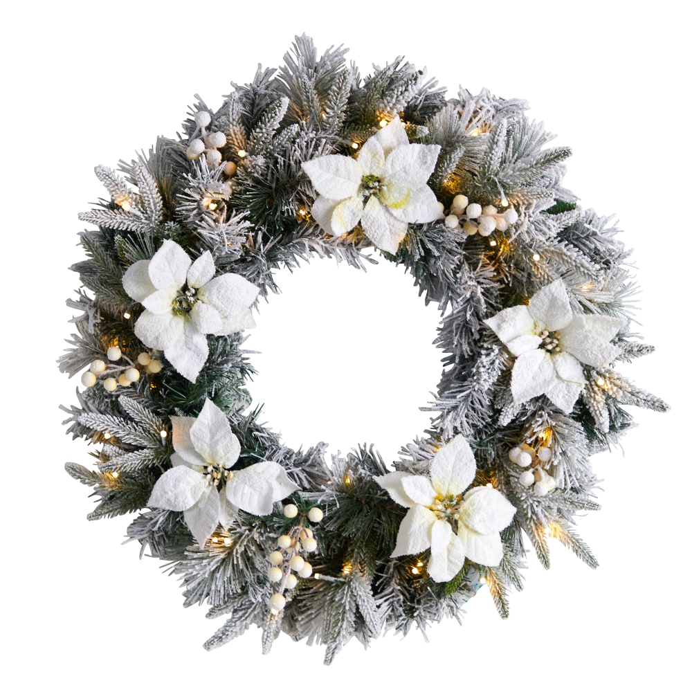 Nearly Natural 24inH Flocked Poinsettia And Pine Artificial Christmas Wreath With 50 LED Lights, 24in x 5in, Green MPN:W1307