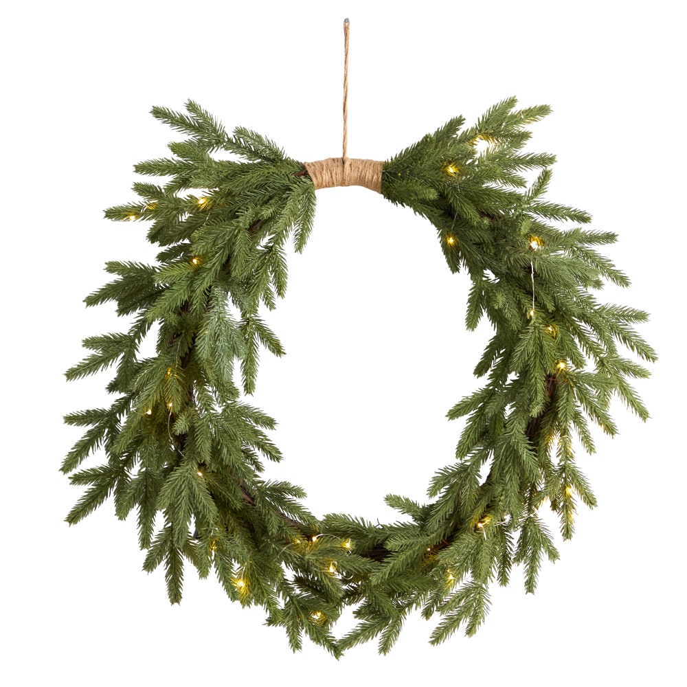Nearly Natural Holiday Christmas 24inH Pine Pre-Lit Cascading Wreath, 24in x 5in, Green MPN:W1317