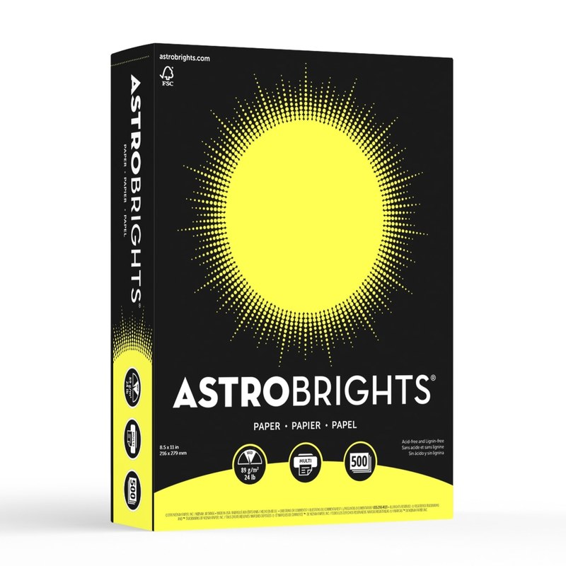 Astrobrights Color Multi-Use Printer & Copy Paper, Lift-Off Lemon, Letter (8.5in x 11in), 500 Sheets Per Ream, 24 Lb, 94 Brightness (Min Order Qty 5) MPN:21018