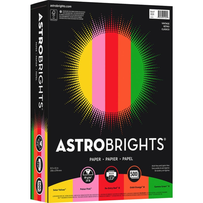 Astrobrights Color Multi-Use Printer & Copy Paper, 1 Ream, Vintage Assortment, Letter (8.5in x 11in), 500 Sheets Per Ream, 24 Lb, 94 Brightness MPN:21224