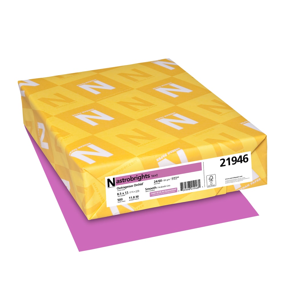 Astrobrights Color Multi-Use Printer & Copy Paper, 1 Ream, Outrageous Orchid, Letter (8.5in x 11in), 500 Sheets Per Ream, 24 Lb, 94 Brightness MPN:21946