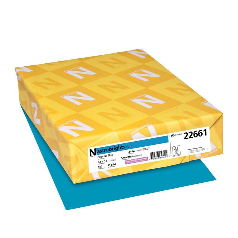 Neenah Astrobrights Bright Color Copy Paper, Celestial Blue, Letter (8.5in x 11in), 500 Sheets Per Ream, 24 Lb, 94 Brightness, FSC Certified (Min Order Qty 5) MPN:22661