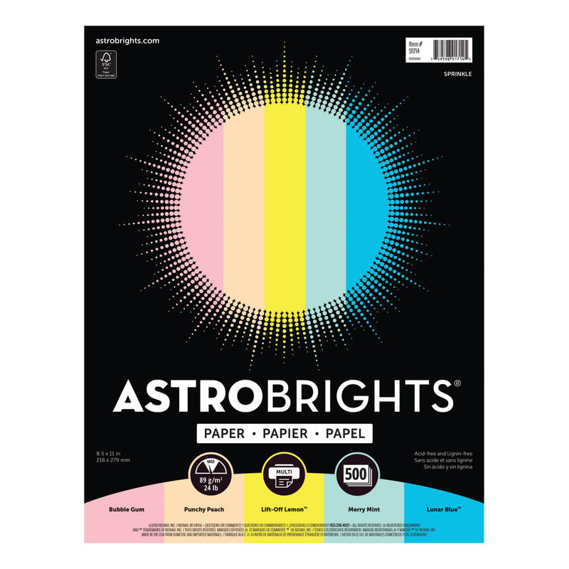 Astrobrights Color Multi-Use Printer & Copy Paper, 1 Ream, Assorted Colors, Letter (8.5in x 11in), 500 Sheets Per Ream, 24 Lb, 94 Brightness MPN:91714