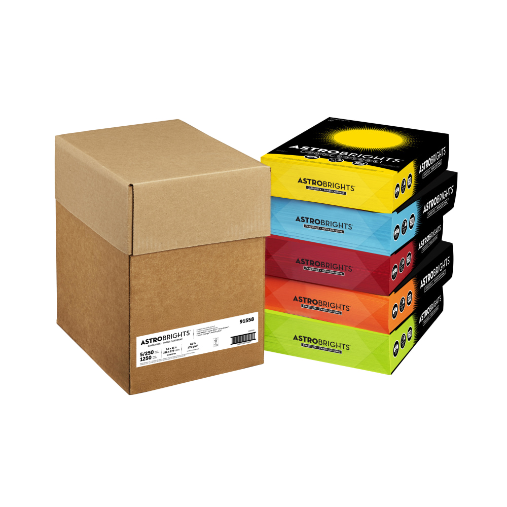 Astrobrights Mixed Carton Colored Cardstock, Assorted Colors, Letter (8-1/2in x 11in), 65 Lb, 250 Sheets Per Ream, Case Of 5 Reams MPN:91558