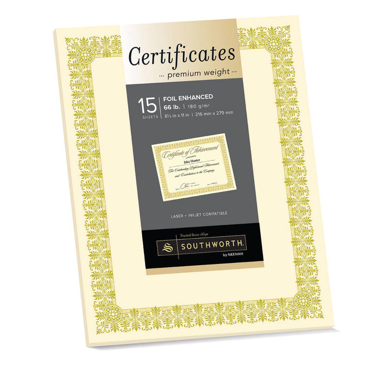 Southworth Premium Foil Certificates, 8 1/2in x 11in, 66 Lb, Ivory/Gold Foil Fleur, Pack Of 15 (Min Order Qty 7) MPN:CTP1V
