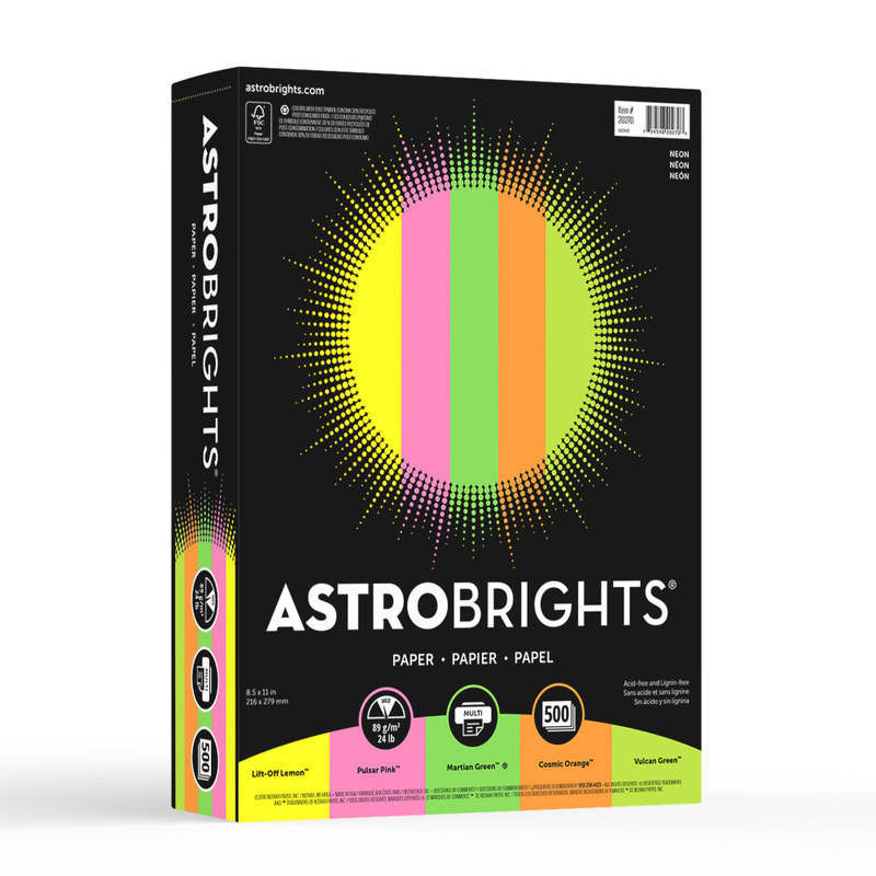 Astrobrights Color Multi-Use Printer & Copy Paper, Neon Assortment, Letter (8.5in x 11in), 500 Sheets Per Ream, 24 Lb, 94 Brightness (Min Order Qty 4) MPN:20270