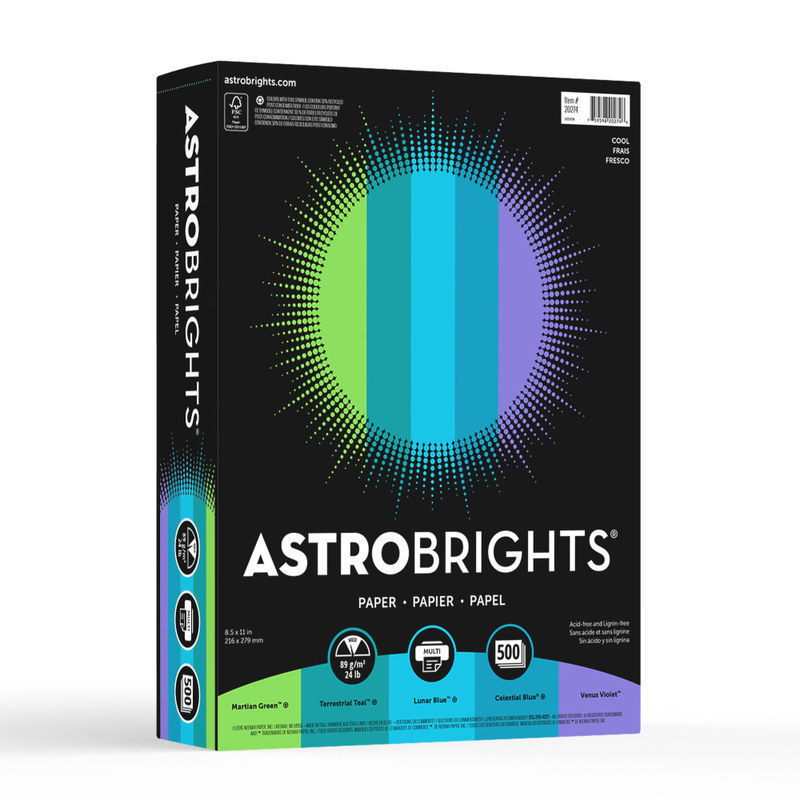Astrobrights Color Multi-Use Printer & Copy Paper, Cool Assortment, Letter (8.5in x 11in), 500 Sheets Per Ream, 24 Lb, 94 Brightness (Min Order Qty 4) MPN:20274