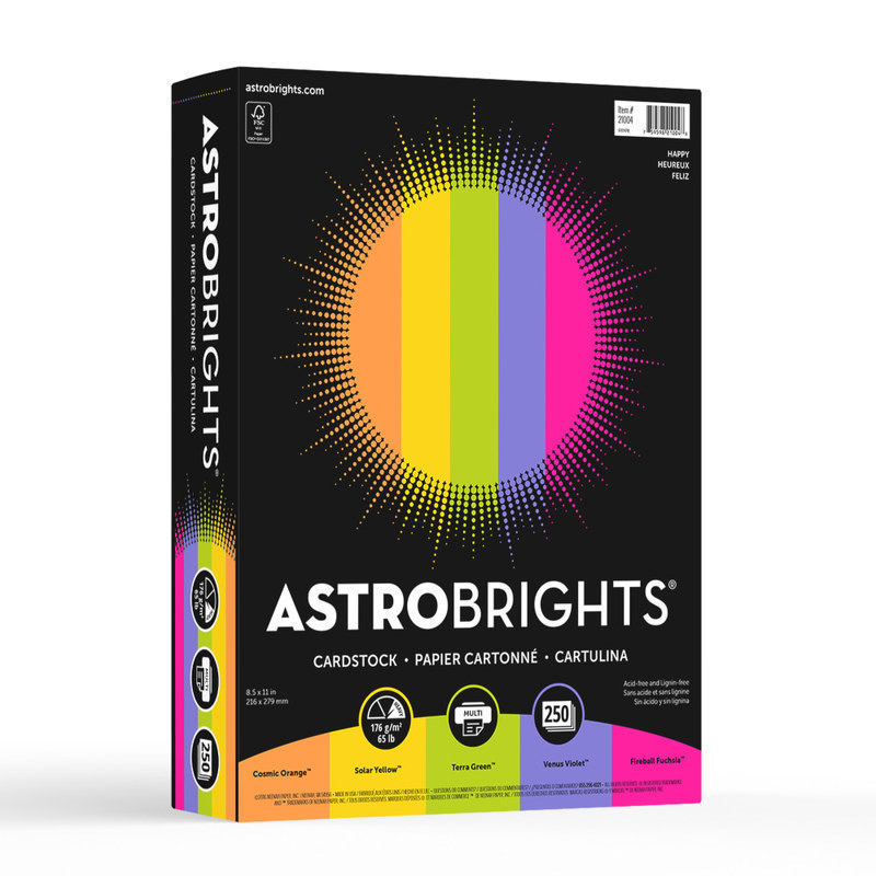 Astrobrights Color Card Stock, Happy Assortment, Letter (8.5in x 11in), 65 Lb, Pack Of 250 (Min Order Qty 4) MPN:21004