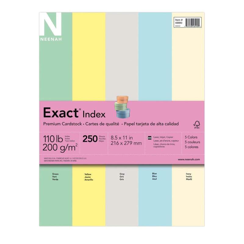 Exact Index Card Stock, Assorted Colors, Letter (8.5in x 11in), 110 Lb, Pack Of 250 (Min Order Qty 4) MPN:48990