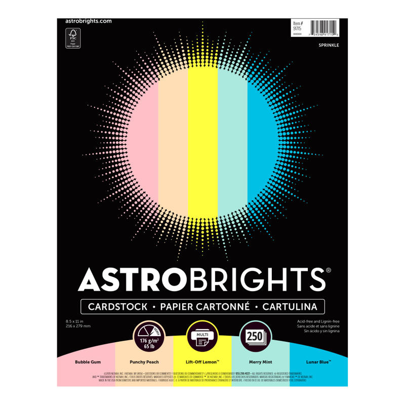 Astrobrights Color Card Stock, Assorted Colors, Letter (8.5in x 11in), 65 Lb, Pack Of 250 MPN:91715