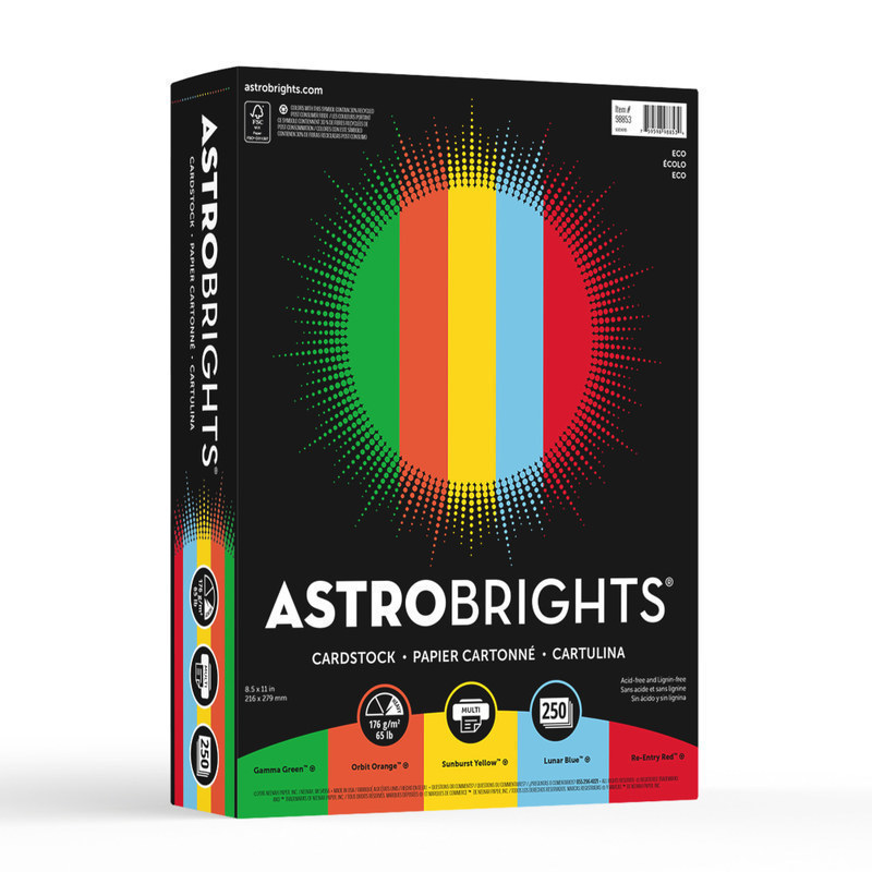 Astrobrights Color Card Stock, Assorted Colors, Letter (8.5in x 11in), 65 Lb, 30% Recycled, FSC Certified, Pack Of 250 MPN:98853