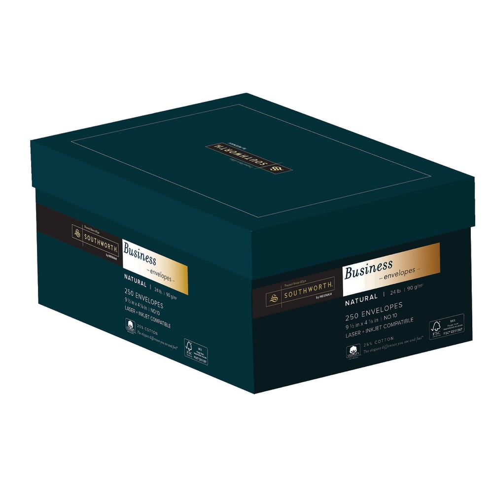Southworth #10 Business Envelopes, 25% Cotton Wove Finish, 24 Lb, Gummed Seal, FSC Certified, Natural, Box Of 250 MPN:J404N-10