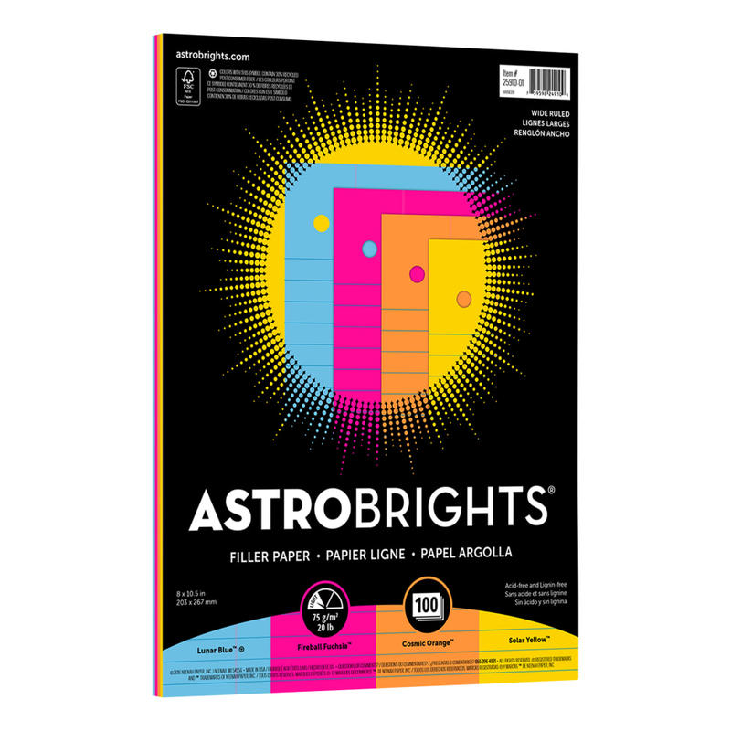 Astrobrights Filler Paper, 8in x 10 1/2in, Wide Ruled, 20 Lb, FSC Certified, Assorted Colors, Pack Of 100 Sheets (Min Order Qty 11) MPN:25910