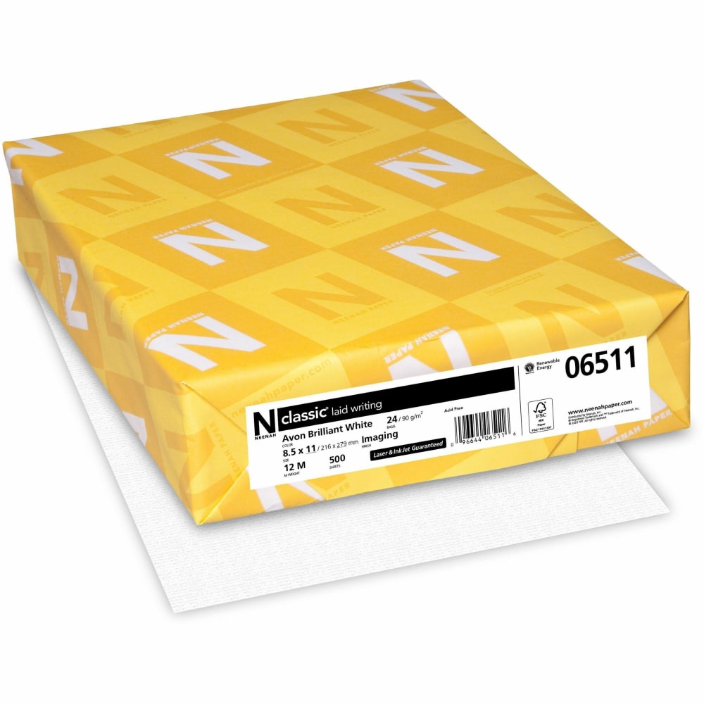 Neenah Paper Classic Laser/Inkjet Print Copy And Multi Use Paper, Letter Size (8 1/2in x 11in), 24 Lb, Laid, Avon Brilliant, Ream Of 500 Sheets MPN:NEE06511